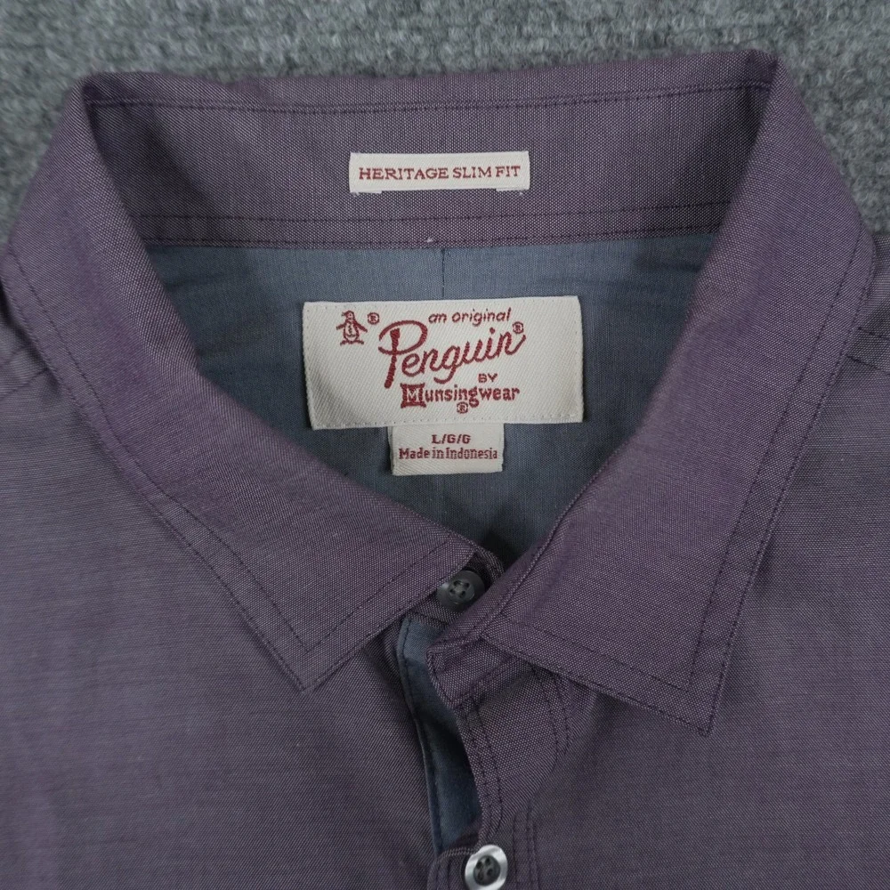 Original Penguin Button Up Shirt Mens Large Purple Heritage Slim Fit Long Sleeve